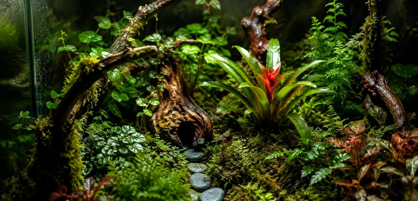 A planted vivarium under glass — mossy hardscape, driftwood, ferns and a red-centered bromeliad